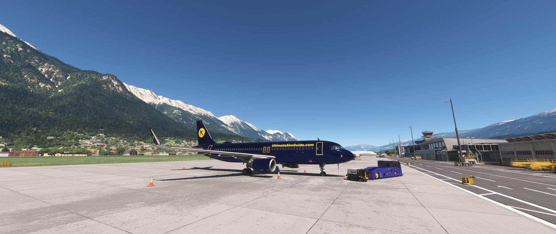 UltimateSimGuide A320 on the apron at Innsbruck, ready for pushback